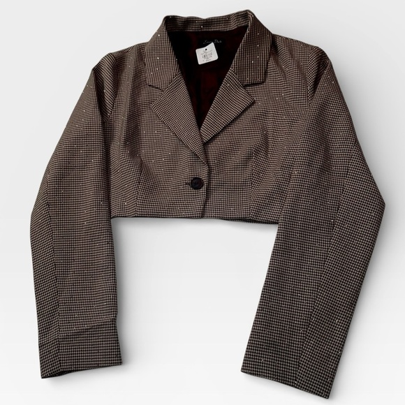 emory park Jackets & Blazers - Emory Park Brown Tan Neutral Plaid Cropped Bedazzled Blazer Jacket MEDIUM NWT